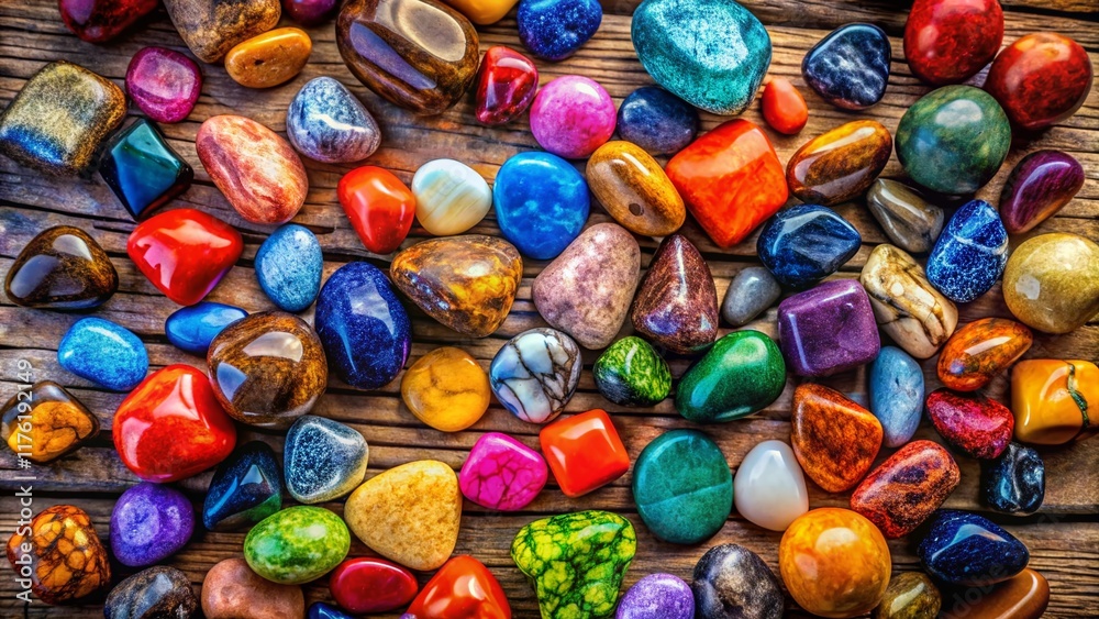 Colorful Stones Rustic Wood Background - Natural Texture Display Colorful Stones Rustic Wood Background - Natural Texture Display