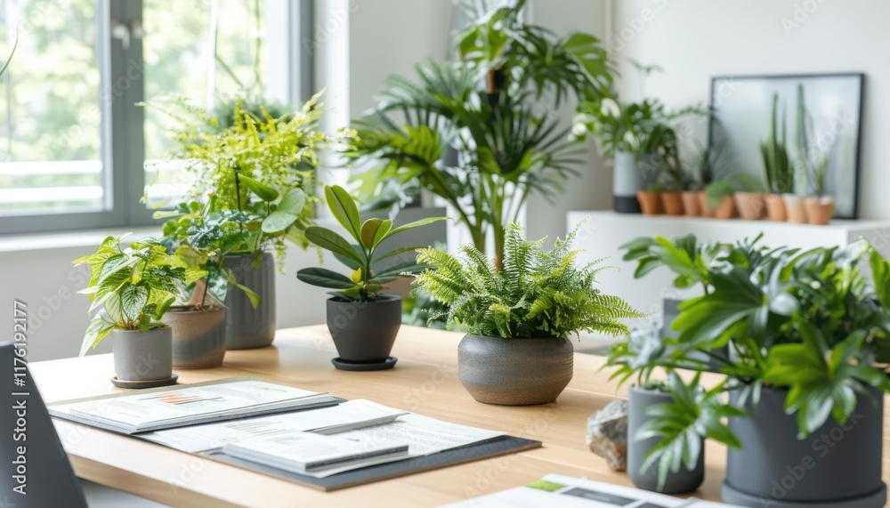 Fototapeta premium Serene Workspace, Sustainable Style: A minimalist desk adorned with thriving indoor plants, showcasing eco-conscious business practices.
