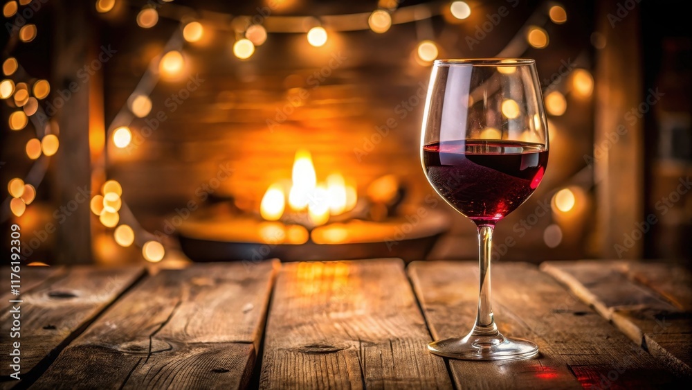 A Glass of Red Wine on a Rustic Wooden Table with a Cozy Fireplace in the Background and Warm, Golden Lights A Glass of Red Wine on a Rustic Wooden Table with a Cozy Fireplace in the Background and Warm, Golden Lights