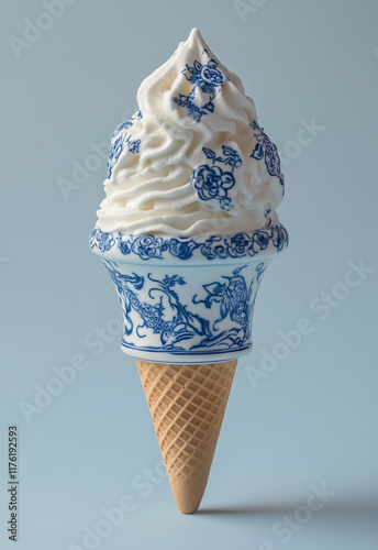 An ice cream cone covered in a blue and white Delft-style pattern. Minimal creative art and food advertisement concept. Copy space, flat lay.