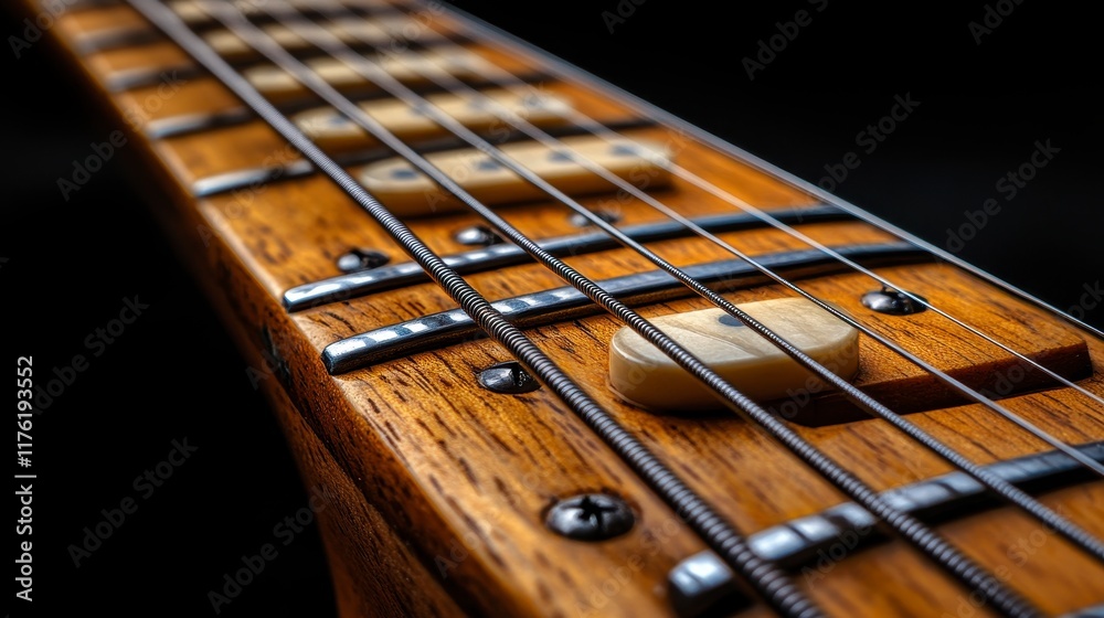 Close-up of a guitar's fretboard, showcasing wood grain, strings, and metal frets. Close-up of a guitar's fretboard, showcasing wood grain, strings, and metal frets.