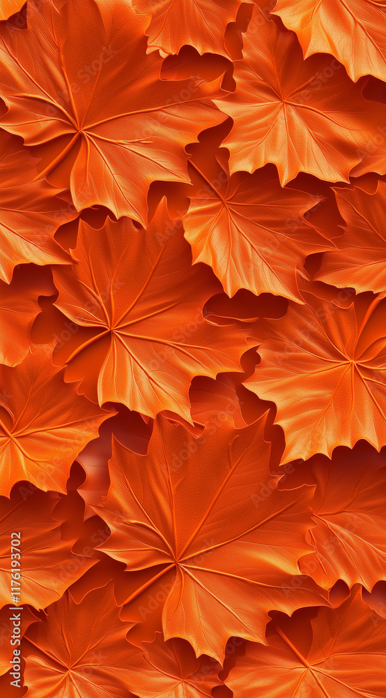 Fototapeta premium A 3D clay-rendered seamless pattern of orange maple leaves with realistic colors on a warm autumn background.