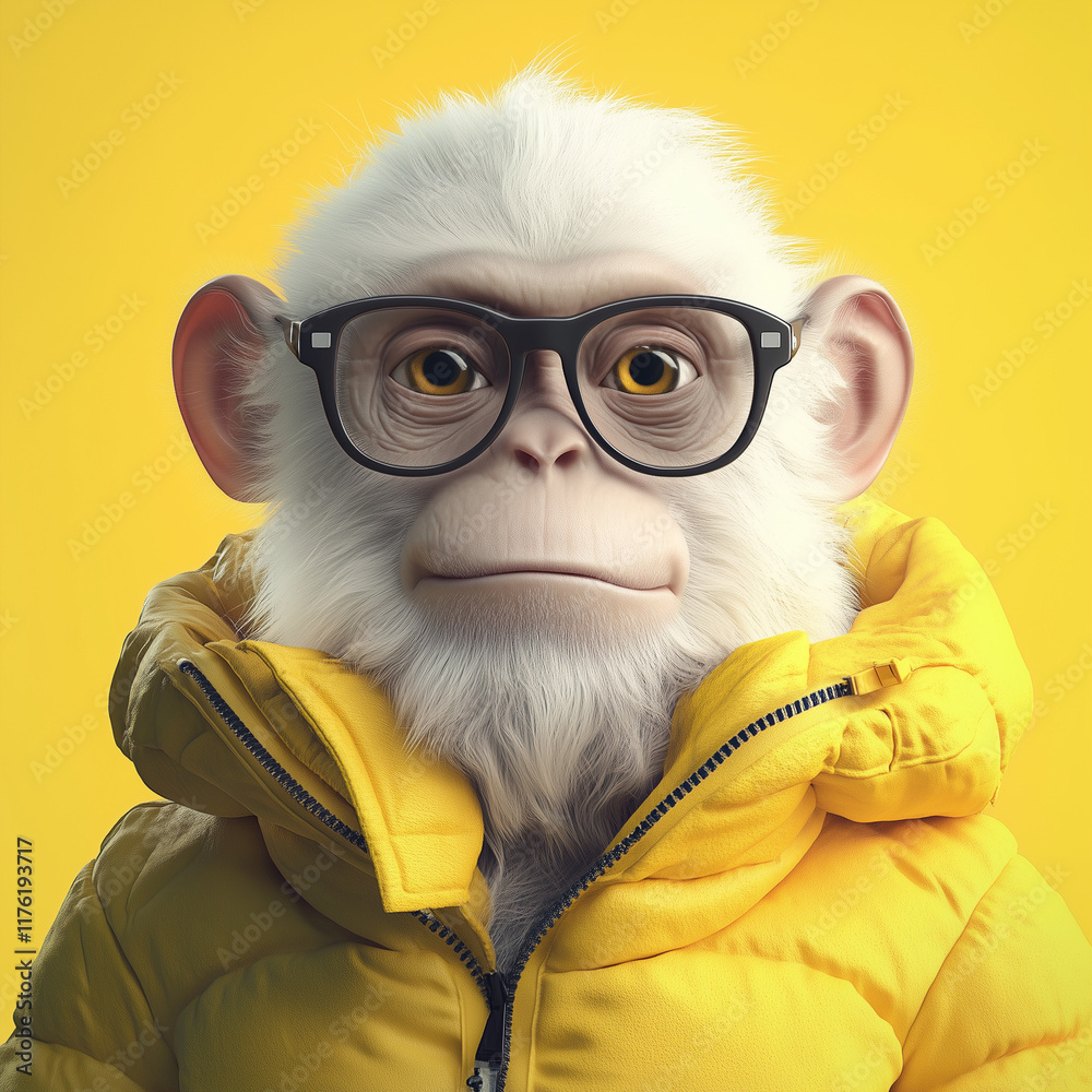 Fototapeta premium An anthropomorphic monkey wearing glasses and white hair, with a yellow bomber jacket, posing.Minimal creative fashion concept.Copy space