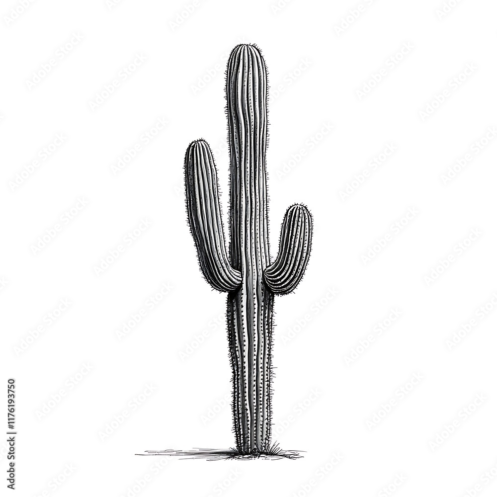 Ink Drawing of a Saguaro Cactus, a Tall, Iconic Desert Plant with Multiple Arms. Ink Drawing of a Saguaro Cactus, a Tall, Iconic Desert Plant with Multiple Arms.