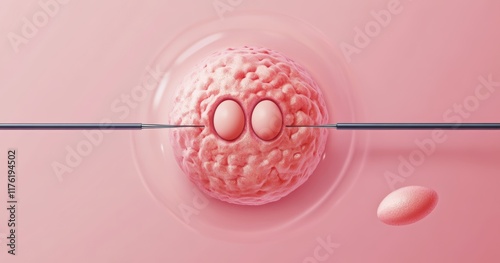 In Vitro Fertilization (IVF) Conceptual Illustration A detailed artistic representation of an in vitro fertilization (IVF) process. Two precise micropipettes interact with a fertilized egg cell photo