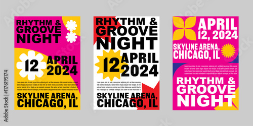 Event poster set with minimalist maximalist style, Promo  and sale flyer design for social media. Colorful poster collection for print. Trendy poster design for print and promotion