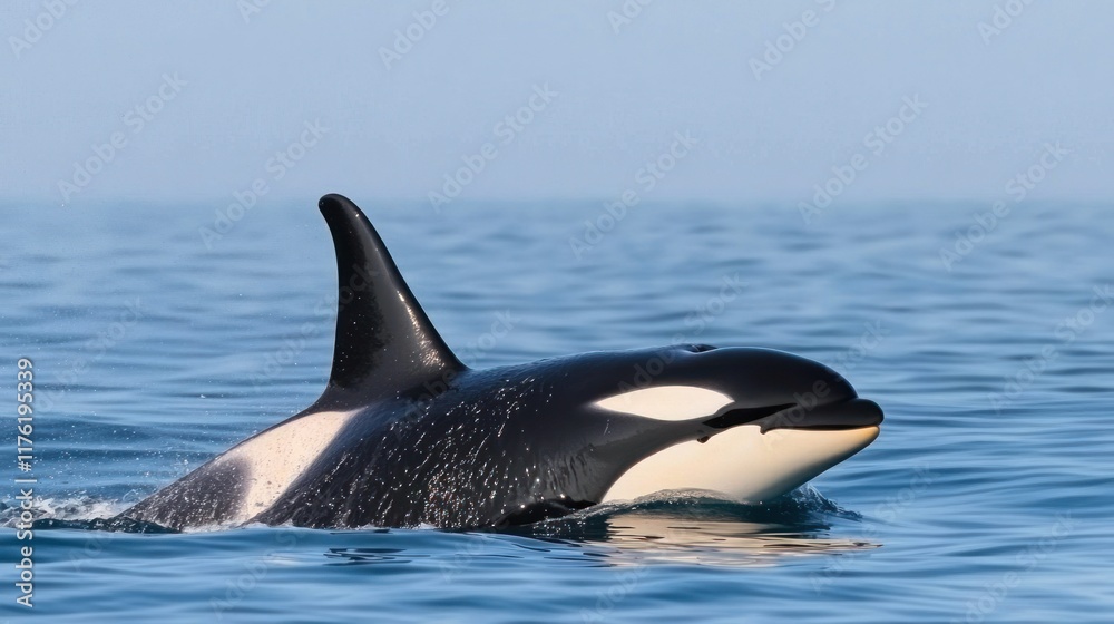Fototapeta premium A close-up of an orca swimming in calm ocean waters.