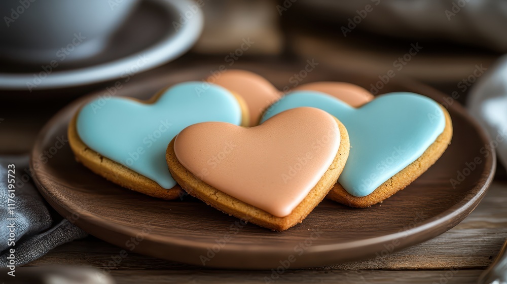 Fototapeta premium Heartshaped cookies with icing arranged on a wooden plate leaving space for text close up sweet theme whimsical manipulation coffee shop backdrop