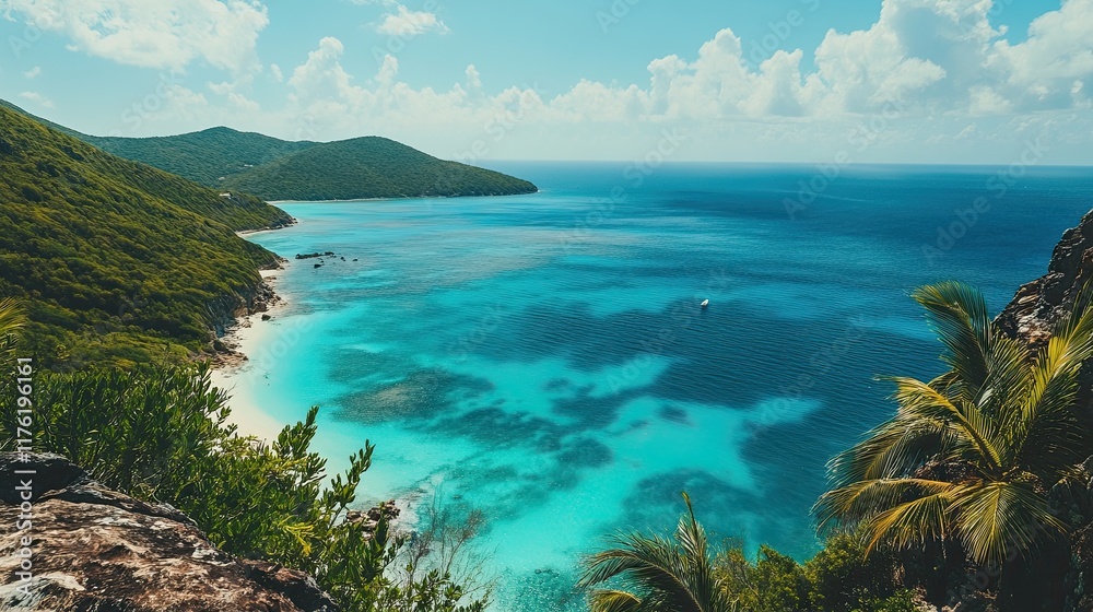 Fototapeta premium A beautiful blue ocean with palm trees in the background