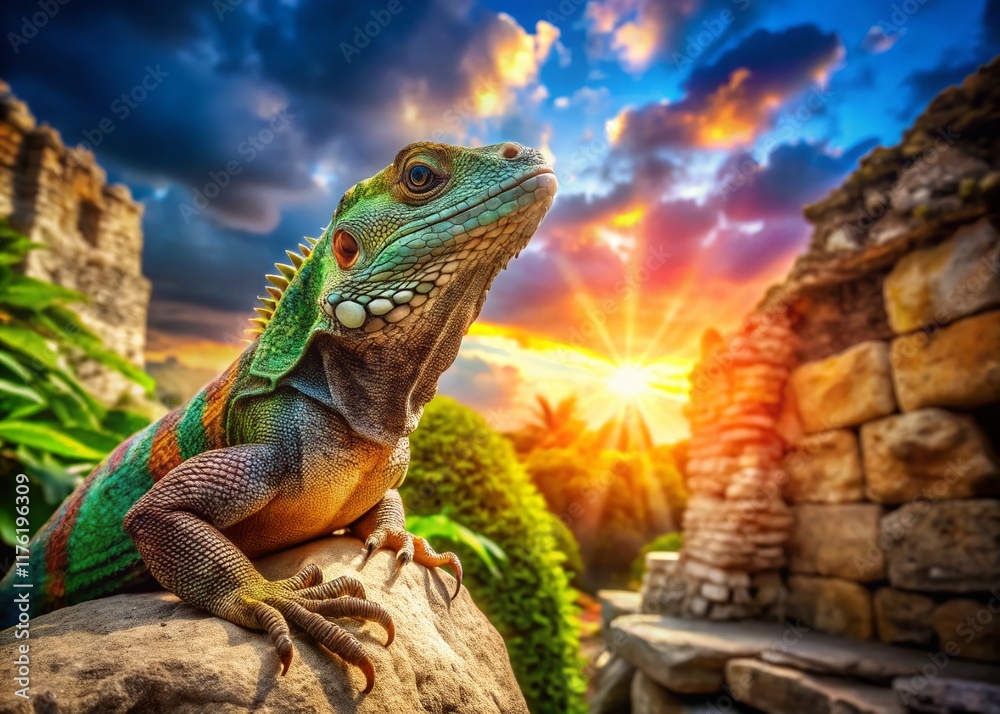Fototapeta premium Curious Lizard on Ancient Ruins: Architectural Photography