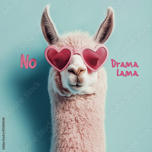 A pink llama wearing heart-shaped sunglasses, with the text 