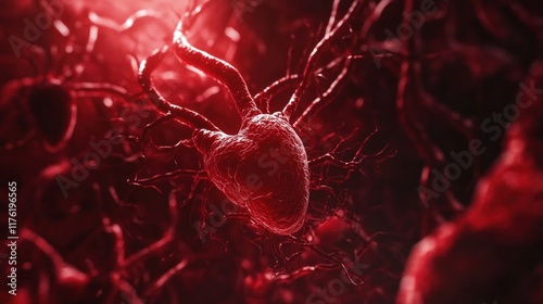 Microscopic View of a Human Heart Surrounded by Intricate Blood Vessels Network Detailed 3D Render photo