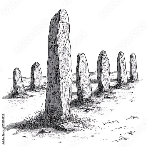 Intricate Line Drawing of a Stone Circle, Ancient Megalithic Monument in a Pastoral Setting.