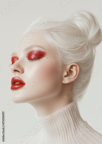 A stunning pale girl with red glitter eyeshadow and eyeliner, pink lips, and gothic-inspired makeup accentuating her fair skin.