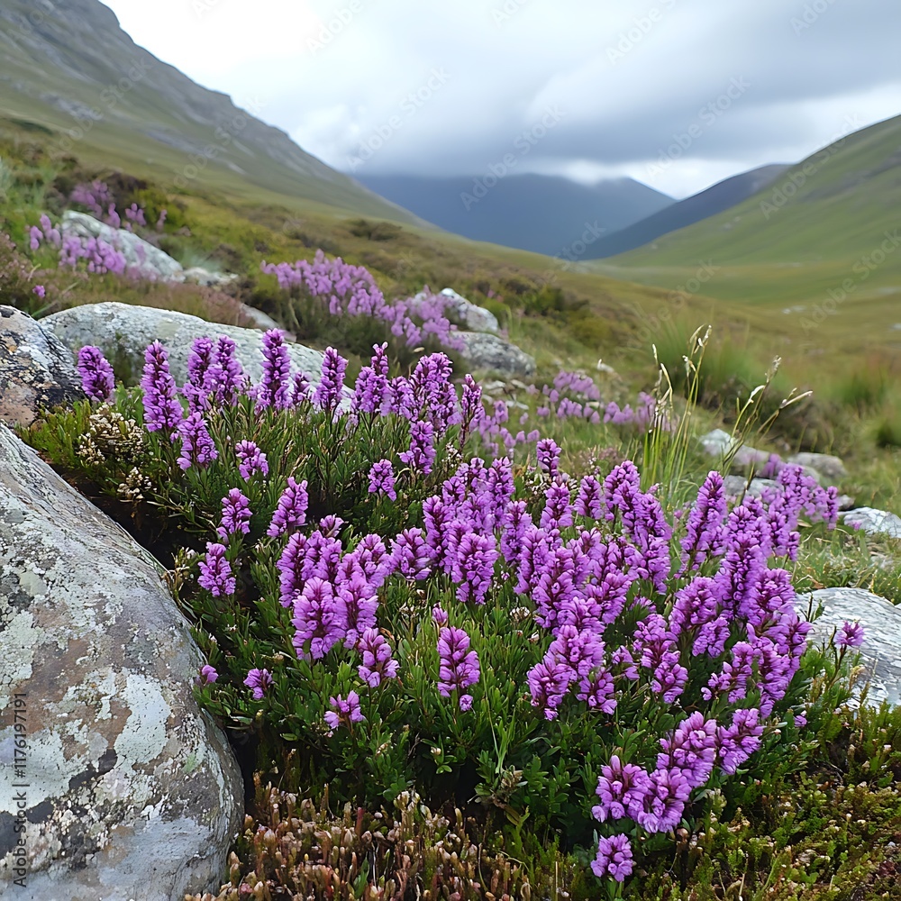 Obraz premium Vibrant Purple Alpine Flowers Blooming Amidst Rocks and Mountain Landscape.