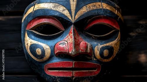 Ancient hand-carved wooden mask with vibrant paint.