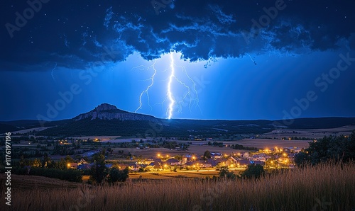 A dramatic lightning strike illuminates a serene village landscape under a stormy sky.