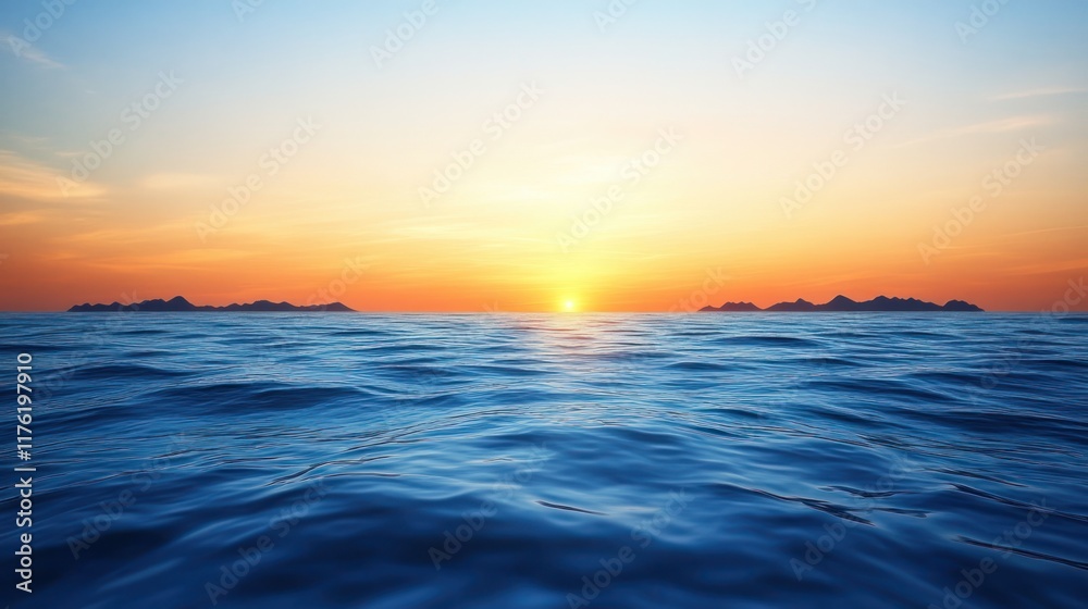 Obraz premium Serene ocean view at sunset with distant islands.