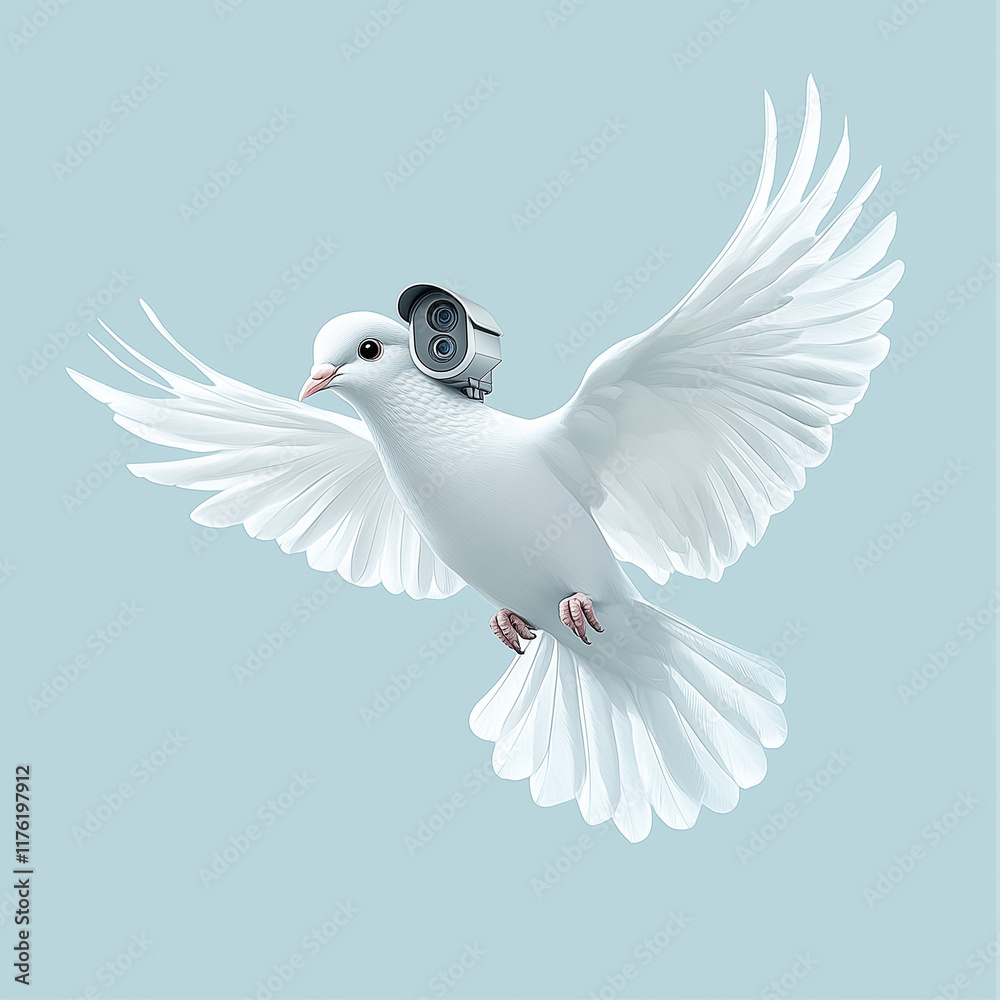 Fototapeta premium A white dove flying in the sky with a security camera on its head, set against a simple background, 3D rendering.Minimal creative nature and environment concept.Copy space,flat lay