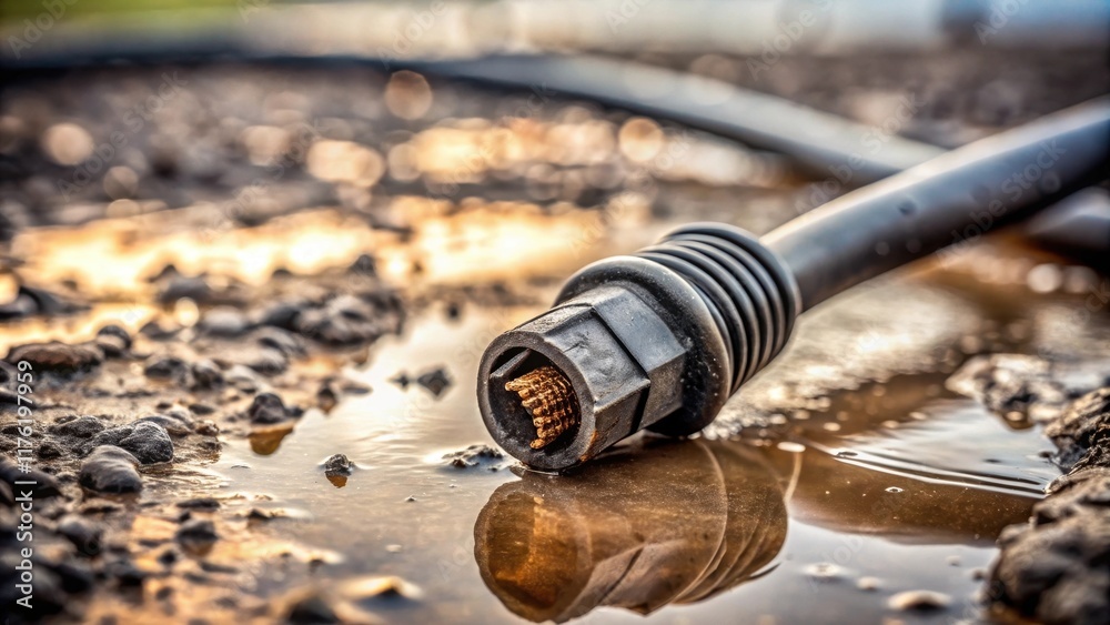 A Close-Up of a Black Cable Connector Partially Submerged in a Puddle of Water on a Rough, Gravelly Surface A Close-Up of a Black Cable Connector Partially Submerged in a Puddle of Water on a Rough, Gravelly Surface