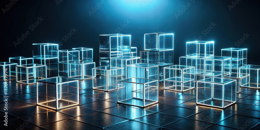 Illuminated Glass Cubes Reflecting Glowing Light on a Dark Surface Illuminated Glass Cubes Reflecting Glowing Light on a Dark Surface