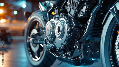 Wallpaper Mural Motorcycle engine displayed in a dimly lit garage showcasing intricate mechanical details Torontodigital.ca