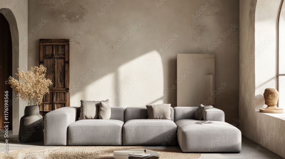 Fototapeta premium A large sectional sofa with pillows