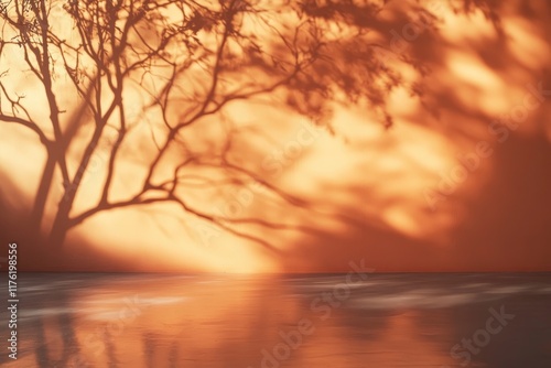 Shadowy tree silhouette projected on an orange wall with a reflective floor.