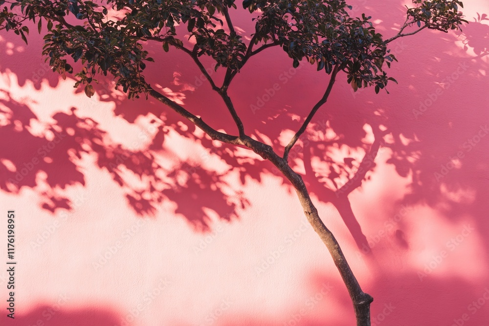 Fototapeta premium Tree shadow on a pink wall.