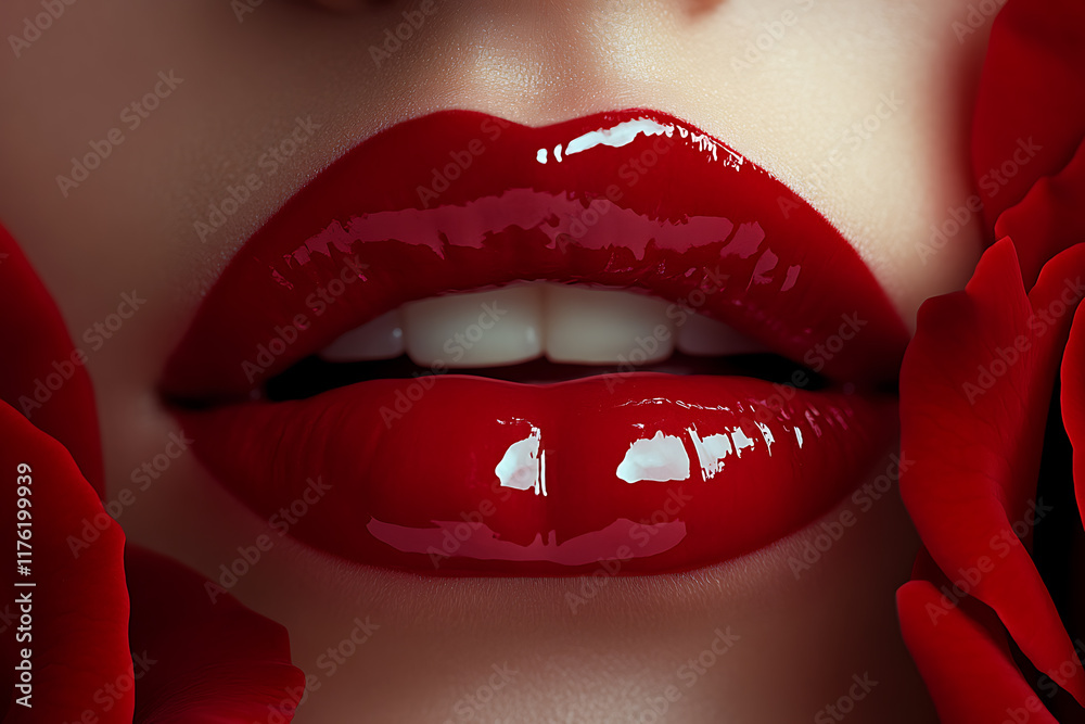 Obraz premium Sensual close-up of glossy red lips touching a vibrant red rose against a dark background, exuding passion, elegance, and romance, perfect for beauty or love-themed designs