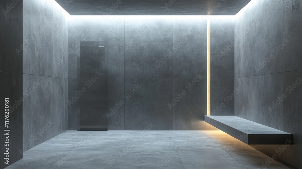 Obraz premium A large, empty room with a bench and a door