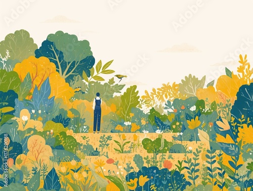 Woman standing in vibrant, colorful garden.