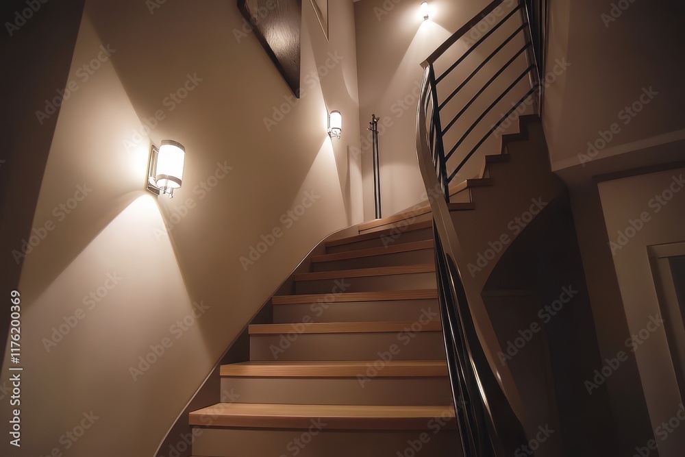 Obraz premium Modern Stylish Staircase with Soft Lighting and Elegant Design Leading to Upper Level in Contemporary Home Interior Setting