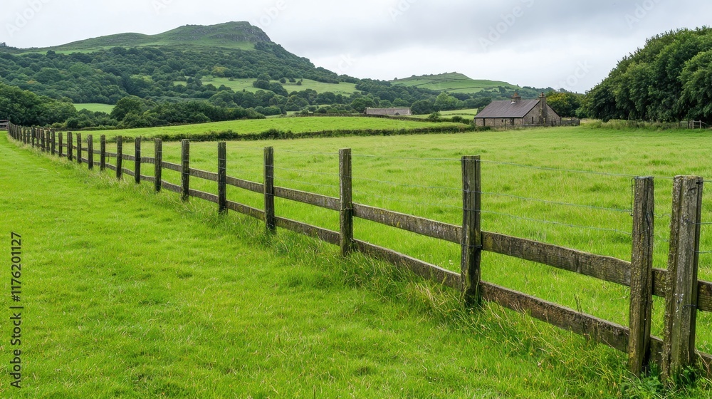 Serene countryside landscape with a wooden fence and rolling hills. Serene countryside landscape with a wooden fence and rolling hills.