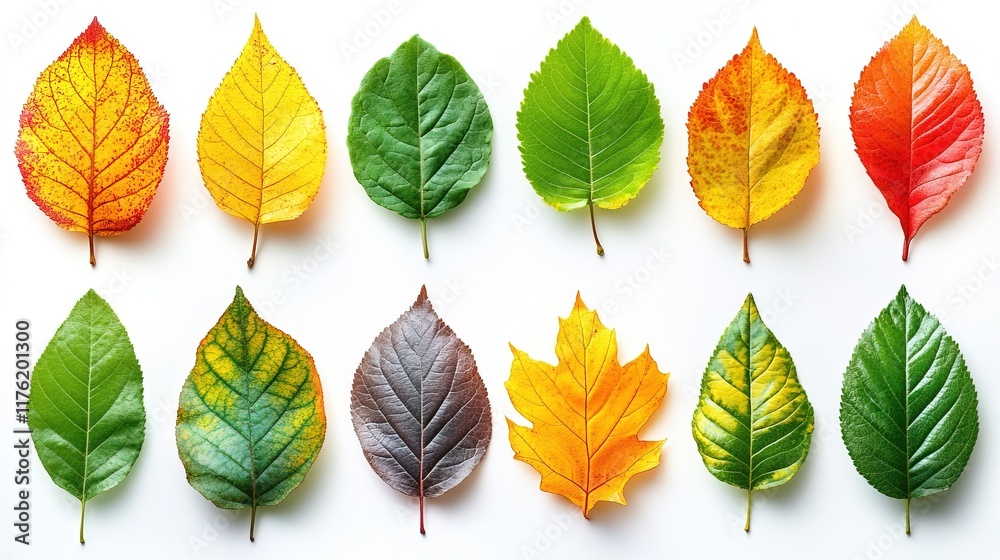 Obraz premium A collection of various leaves showcasing different colors and shapes, highlighting seasonal changes in nature.