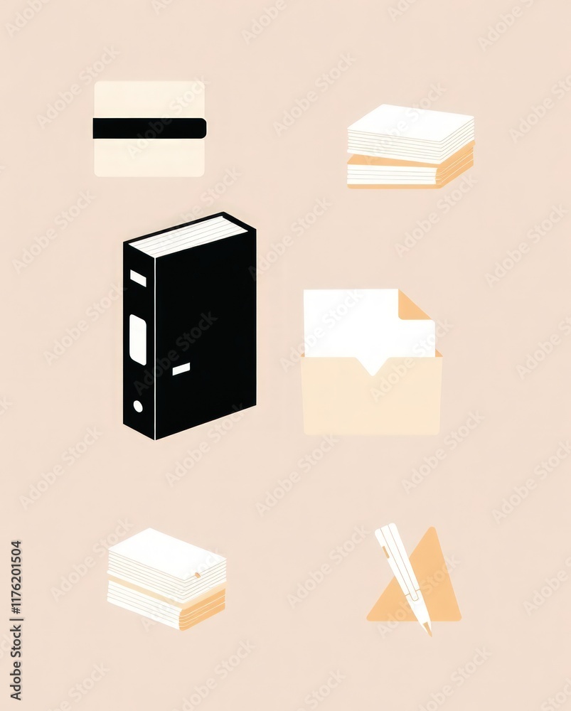 Stationery Tools Icon Set. folder with documents. Book. Stationery Tools Icon Set. folder with documents. Book.