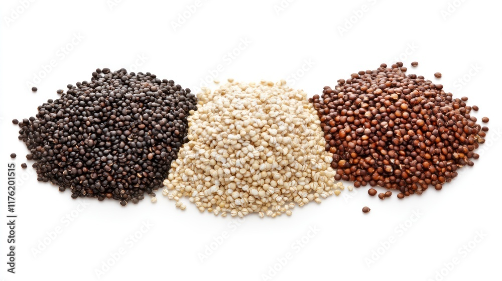 Three varieties of quinoa grains arranged in piles. Three varieties of quinoa grains arranged in piles.