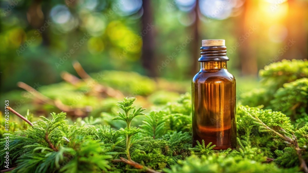 A small amber bottle resting on a bed of vibrant green foliage, bathed in the soft golden glow of the setting sun. A small amber bottle resting on a bed of vibrant green foliage, bathed in the soft golden glow of the setting sun.