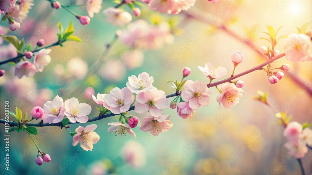 Delicate Pink Blossoms Gracefully Adorn a Branch, Basking in the Warmth of the Sun's Golden Rays Delicate Pink Blossoms Gracefully Adorn a Branch, Basking in the Warmth of the Sun's Golden Rays