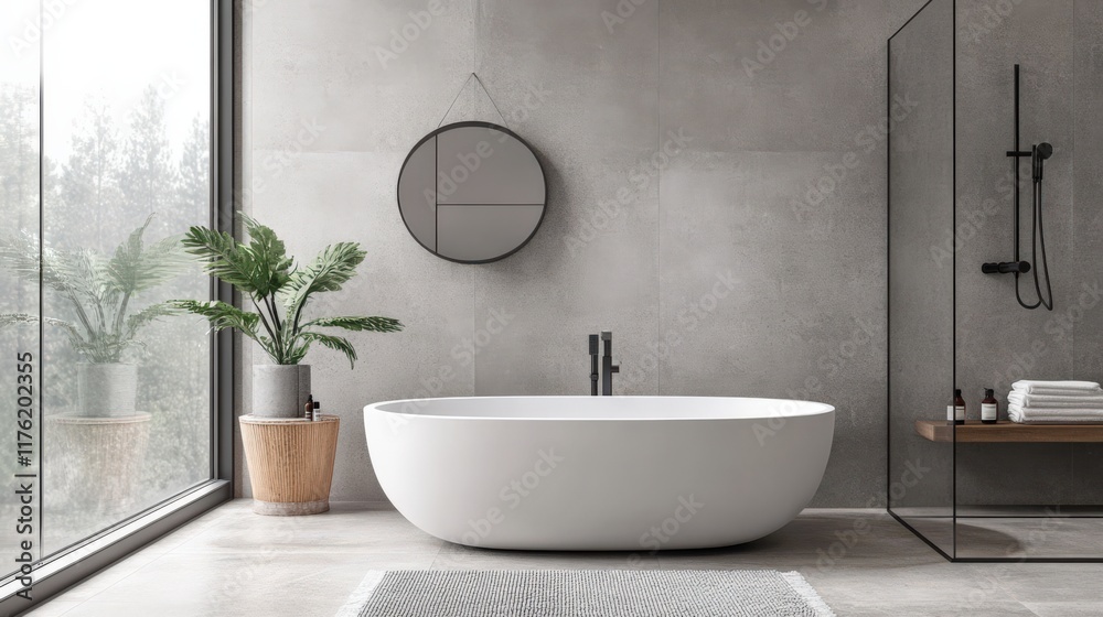A bathroom with a large white bathtub and a mirror A bathroom with a large white bathtub and a mirror
