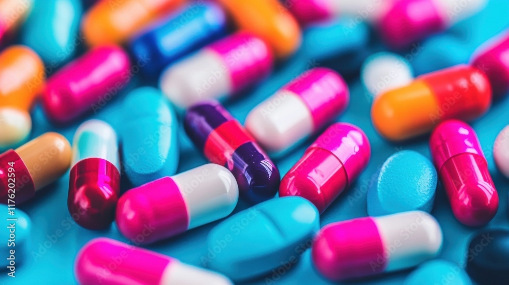 Varied colored capsules and pills are spread across a bright blue background, showcasing a wide range of shapes and sizes for health use Varied colored capsules and pills are spread across a bright blue background, showcasing a wide range of shapes and sizes for health use