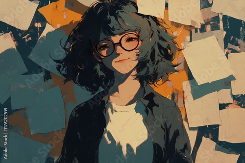 Young woman with glasses smiles, lying on papers.