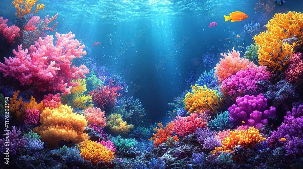 Naklejka premium A vibrant underwater scene featuring colorful coral reefs and marine life.