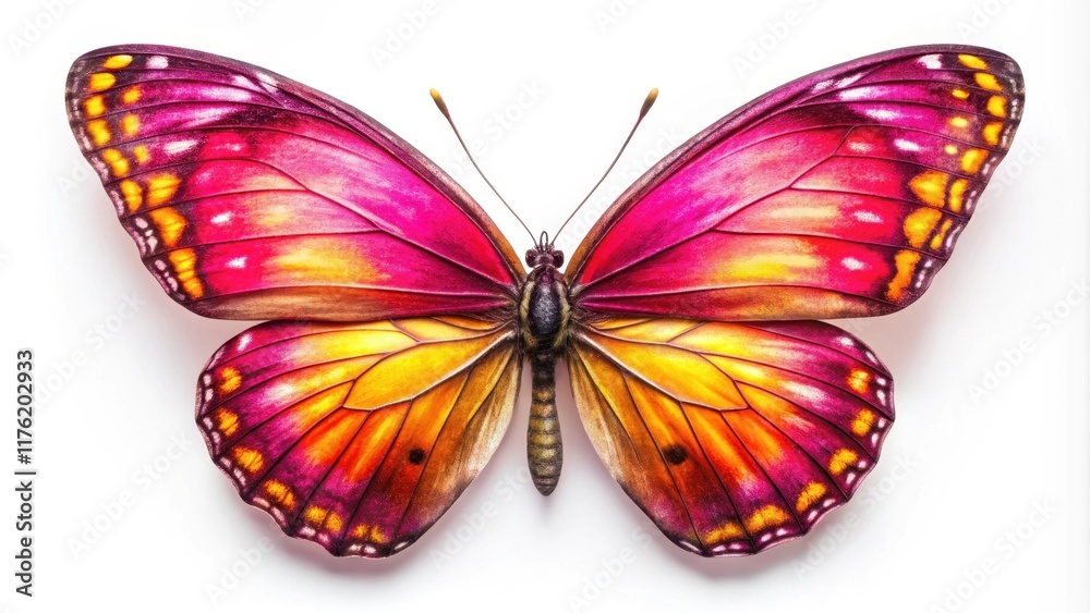 Fototapeta premium A Vibrant Butterfly with Striking Pink and Yellow Wing Patterns, Spread Wide Against a Pure White Background