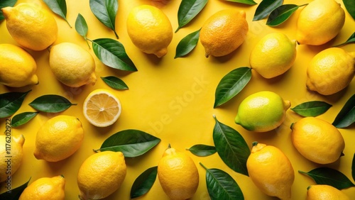 A Vibrant Display of Freshly Picked Lemons and Lush Green Leaves, Arranged in a Circular Formation on a Sunny Yellow Background