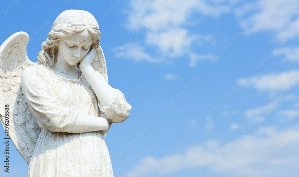 A serene angel sculpture stands with a thoughtful pose under a clear blue sky, evoking a sense of peace and contemplation in nature A serene angel sculpture stands with a thoughtful pose under a clear blue sky, evoking a sense of peace and contemplation in nature