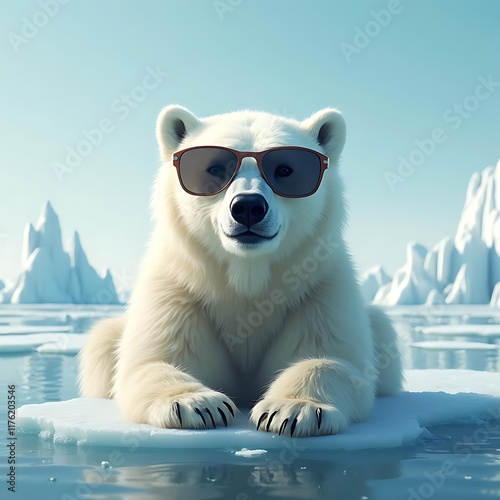 Fashionable Polar Bear Relaxing on an Ice Floe Surrounded by Glacial Landscape photo