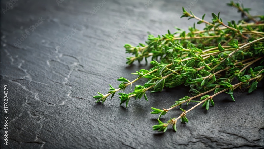 Close-up of fragrant thyme sprigs on a dark gray stone surface with a few stray herbs scattered around , thyme, spices Close-up of fragrant thyme sprigs on a dark gray stone surface with a few stray herbs scattered around , thyme, spices