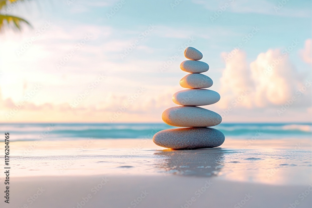 Serene Sunset Beach with Zen Stacked Stones - Symbolizing Natural Calmness and Balance Serene Sunset Beach with Zen Stacked Stones - Symbolizing Natural Calmness and Balance