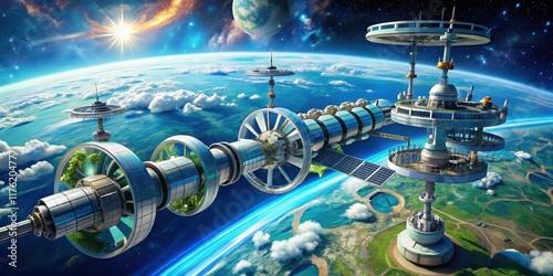 Fototapeta Naklejka Na Ścianę i Meble -  A futuristic space station orbits a vibrant planet, adorned with lush greenery and a vibrant blue atmosphere, highlighting the potential for sustainable space colonization.